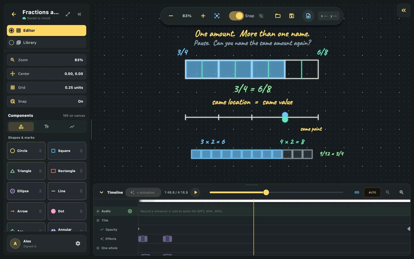 Boardra’s visual editor showing equivalent fractions, with a shape palette, an editable chalkboard and an animation timeline.
